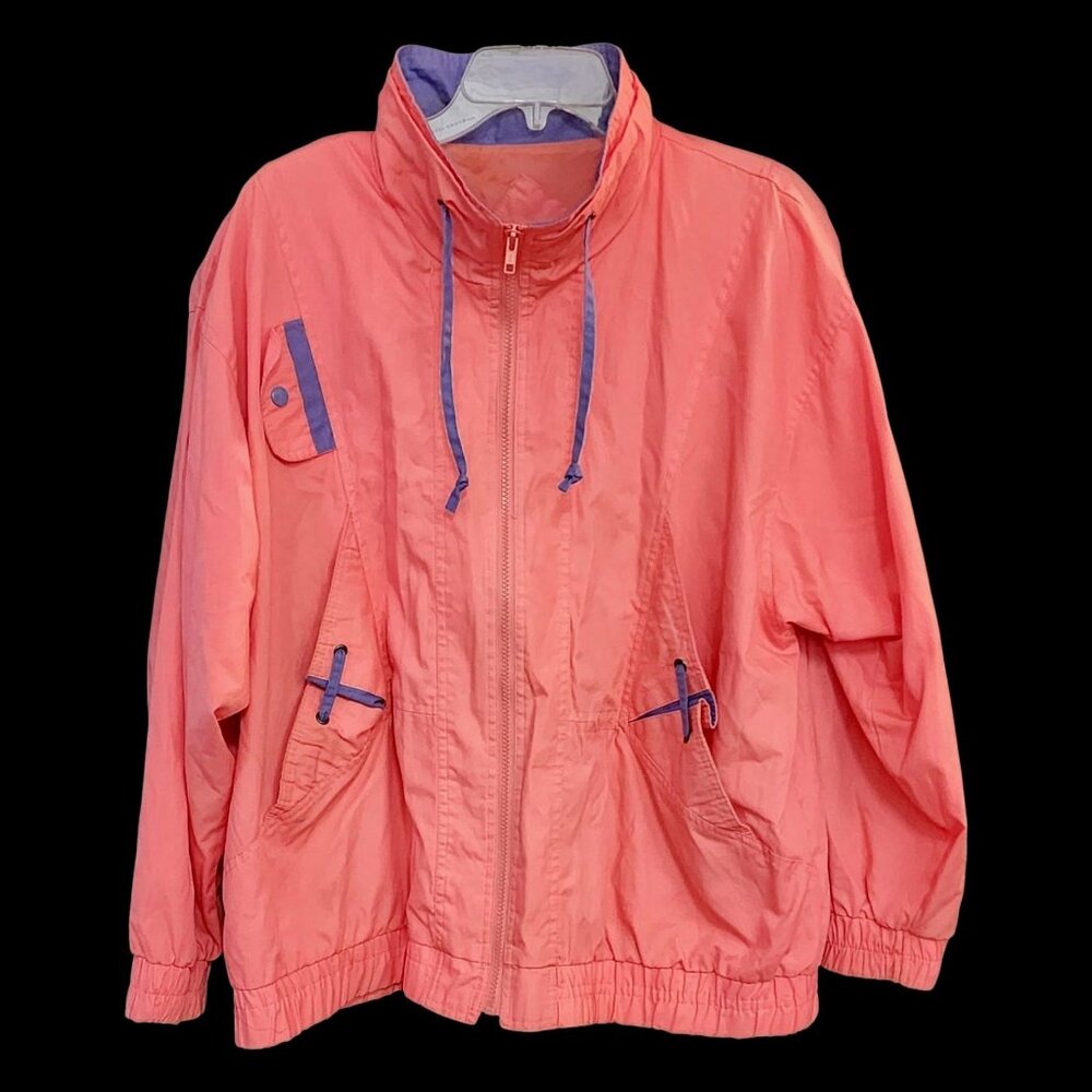 Vintage Womens Jacket 80s 90s Windbreaker Lightweight Coat Pink Purple Trim L/XL